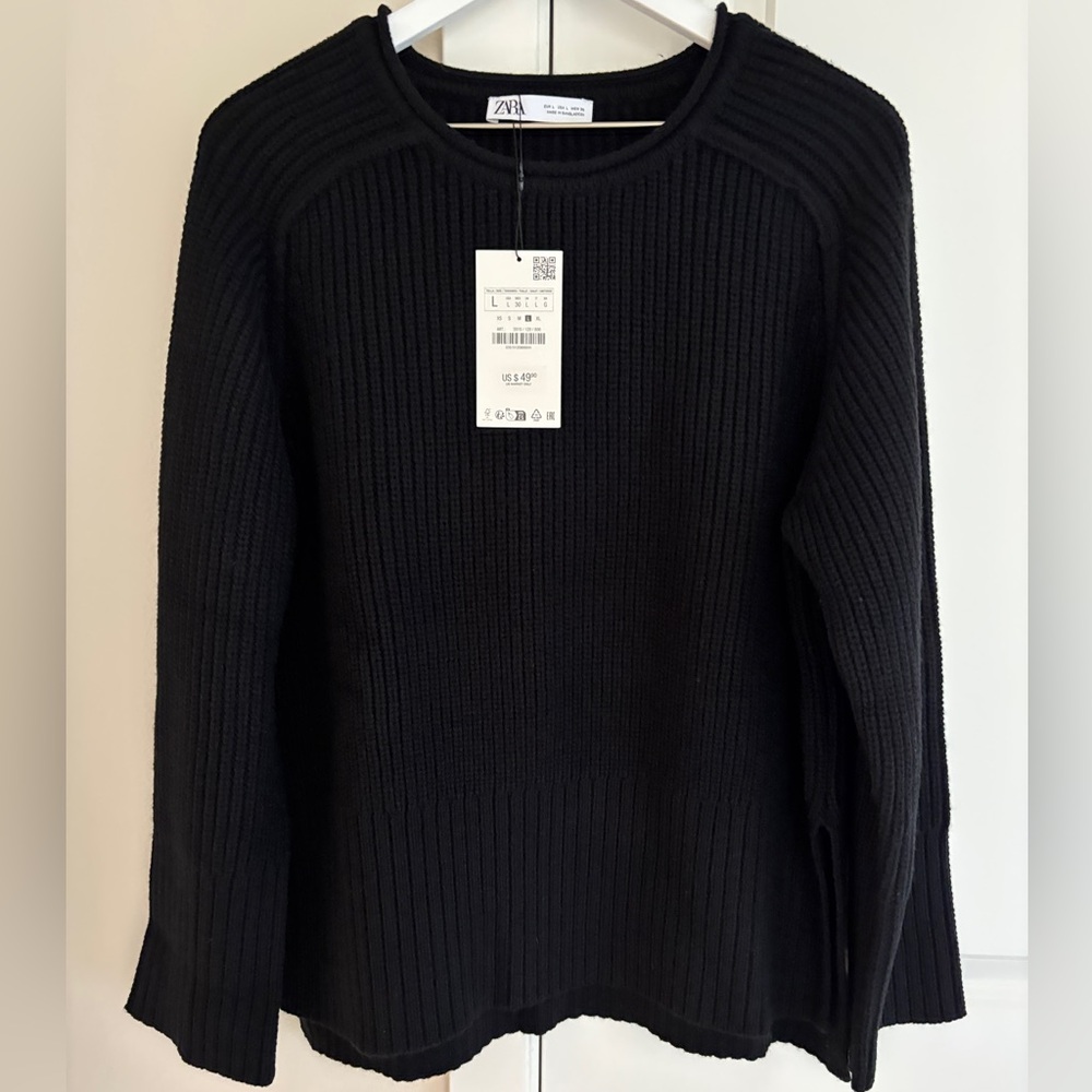 Zara Black Ribbed Knit Long Sleeve Sweater, Heavy Knit Sweater, Size Large